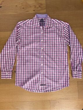 English Laundry Plaid Button-Down Dress Shirt Pink Navy Cuffed Men's 16.5 34/35